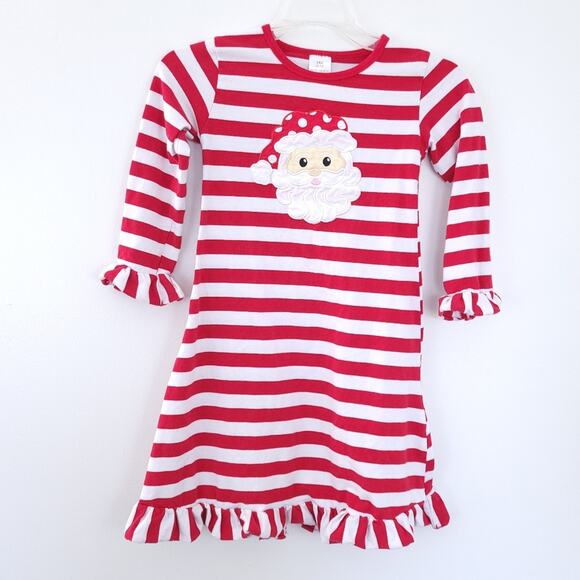 Girls Santa Dress Red White Stripe, Ruffle Trim Sleeves, Fits Like Medium/8 - Picture 1 of 4